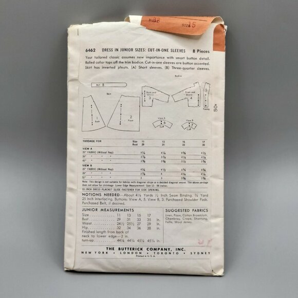 Butterick 1950's Junior Size 15 Flared Skirt Trim Bodice Sewing Pattern 6462 - Picture 4 of 4